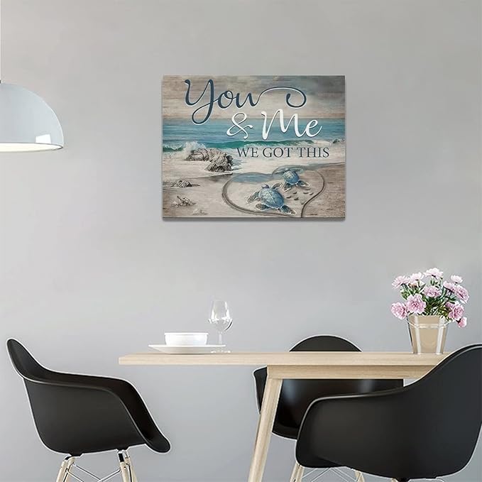 yerretin Beach Sea Turtle Bathroom Wall Art Ocean Turtle Pictures Wall Decor Coastal Nautical Seascape Canvas Painting Love Artwork Home Decoration for Bedroom Office Framed 16"x12"
