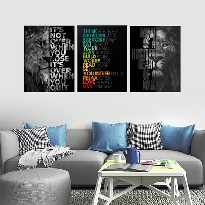 Unbruvo Motivational Office Wall Art Inspirational Canvas Wall Art Lion Picture Print Entrepreneur Quote Wall Painting 3 Pieces Artwork for Living Room Bedroom Classroom Home Decor(60”Wx28”H)