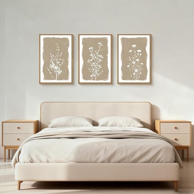 Large Netural Minimalist Wildflowers Framed Canvas Wall Art Set,Vintage Natural Floral Wall Decor,Modern Boho Beige Flower Botanical Artwork for Living Room,Bedroom,Office-16 x24 x3