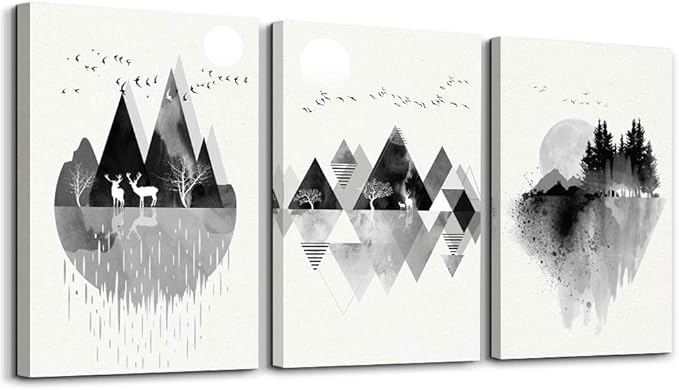 hyidecorart Canvas Wall Art For Living Room Wall Decor For Bedroom Office Decoration Black And White Abstract Wall Painting Geometry Mountain Prints Wall Pictures Artworks Room Home Decor 3 Piece