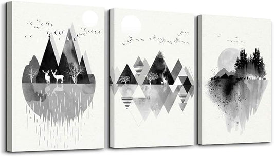 hyidecorart Canvas Wall Art For Living Room Large Wall Decor For Bedroom Office Decoration Black And White Abstract Wall Painting Geometry Mountain Wall Pictures Artworks Room Home Decor 3 Piece