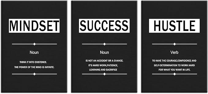 3 Pieces Inspirational Posters Wall Art Motivational Mindset Success Hustle Quotes Print on Canvas Positive Energy Painting for Modern Home Living Room Gym School Artwork Ready to Hang [60''Wx28''H]