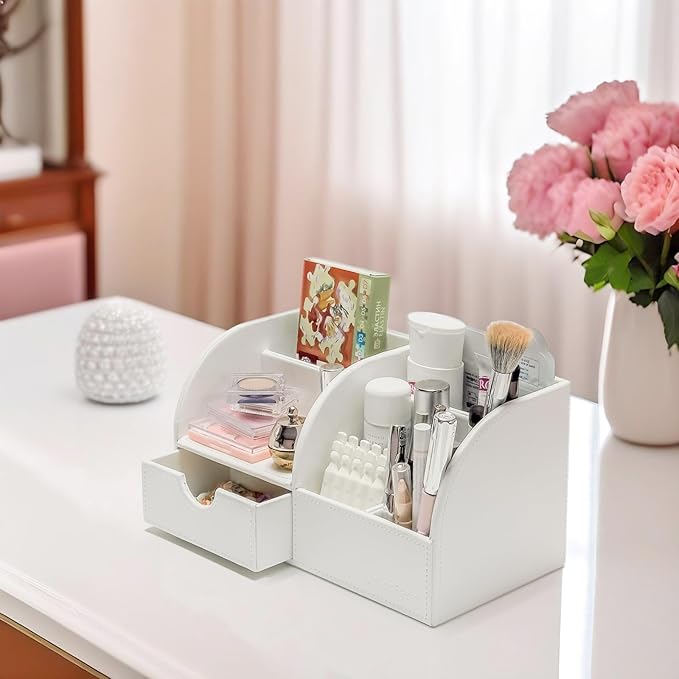 UnionBasic Desk Organizer - Multifunctional Leather Desktop Pen Holder Storage Box - Business Card/Pen/Pencil/Mobile Phone/Stationery Holder, White