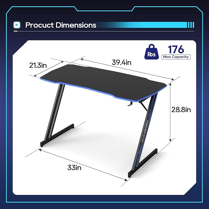 BestOffice 39" Gmaing Desk Computer Gaming Desk Z Shaped Gaming Workstation Ergonomic Gaming Table with Headphone Hook for Game Players,Black&Blue