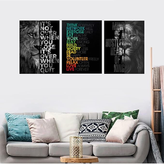 Unbruvo Motivational Office Wall Art Inspirational Canvas Wall Art Lion Picture Print Entrepreneur Quote Wall Painting 3 Pieces Artwork for Living Room Bedroom Classroom Home Decor(60”Wx28”H)