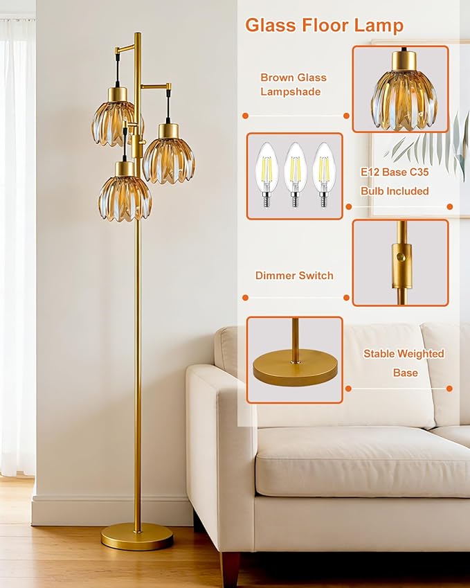 Lightdot 65'' Glass Floor Lamp Dimmable Gold Floor Lamps with Brown Lotus Glass Shade& 3000K Bulbs Included 3-Lights Modern Tall Standing Lamp for Living Room/Bedroom/Sofa Beside/Corner Decor