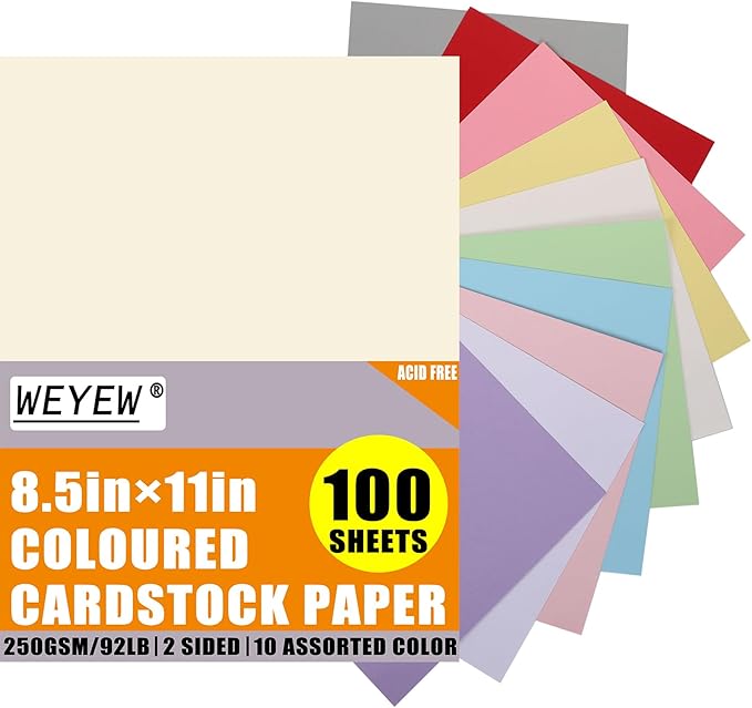 100 Sheets Cardstock 10 Light Color, 8.5" x 11", 92 LB/250 GSM for Card Making, Craft, Party Decors, Kids School Supplies