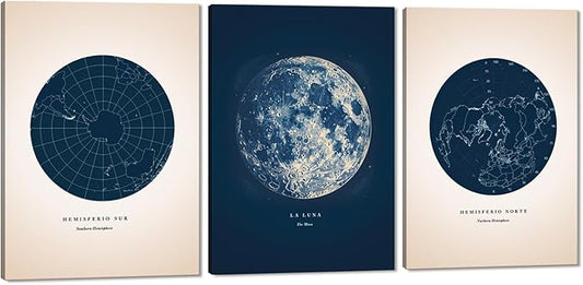Canvas Wall Art Set Of 3 - Navy Blue Astronomy Prints Star Map Painting Constellation Poster Moon Picture Wall Decor Star Map Artwork for Bedroom Living Room Home Office Decor, Framed 20"x28"x3Pcs