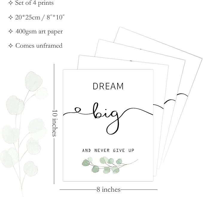 Inspirational Wall Art Office Decor, Motivational UNFRAMED Wall Art Prints for Bedroom,Living Room,Office,Classroom, Set of 4, 8"x10"