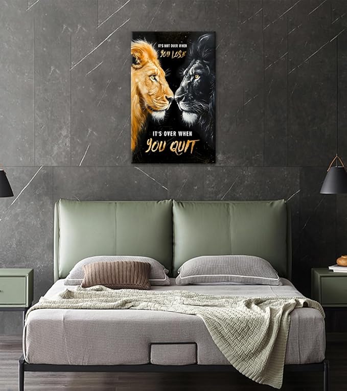 Inspirational Animal Wall Art - Black & Gold Lion Wall Decor Motivational Office Canvas Print Positive Quotes Poster Inspiring Sayings Artwork Modern Picture Framed for Home Workplace (28" W x 44" H)