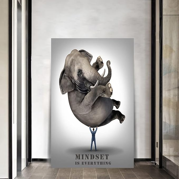 Abstract Large Office Canvas Artwork HD Print Painting Pictures Mindset is Everything Print Poster Elephant and Business Man Wall Art Gallery Wrapped Framed Home Classroom Study Room Decor-28 Wx44 H