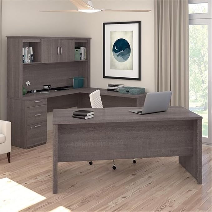 Atlin Designs Modern Wood U Shape Computer Desk with Hutch, Bark Gray Finish, 1" Scratch-Resistant Surface, File Drawer, 95.5 x 66 x 66.5 in Office Desk for Home or Professional Workspace