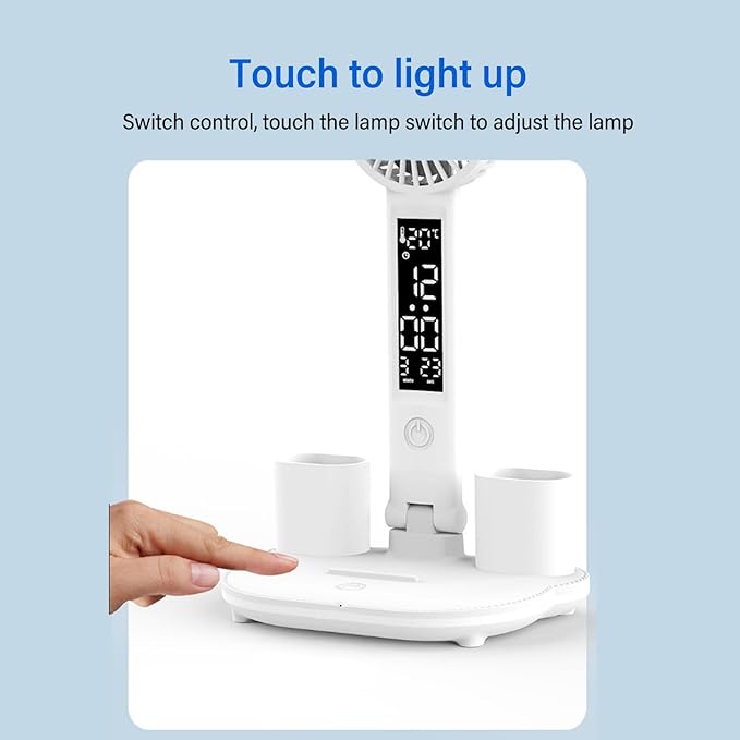 ZJchao Desk Lamp, LED Desk Lamps with Fans Pen Holder Four Headed Touch Control Stepless Dimming Foldable Table Study Lamp LED Display Table Light for Study Read Manicure Repair