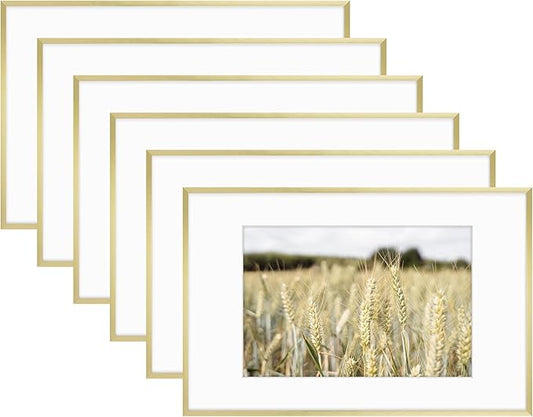 Golden State Art 11x17 Picture Frame 6 Pack - Soft Gold Aluminum Photo Frames With 8x12 Mats and Real Glass Cover - Elegant Minimalist Wall Gallery Frames for Home or Office Decor