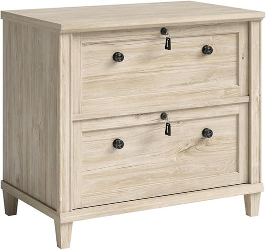 Pemberly Row Engineered Wood Lateral File Cabinet, Chalk Oak Finish, 2-Drawer Design with Key Lock, Solid Wood Feet, Safety Mechanism, Home Office Storage for Letter or Legal Files