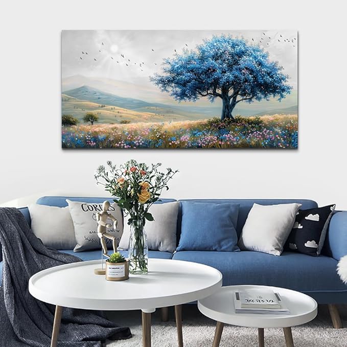 KELIYUAN Farmhouse Wall Art For Dining Room Canvas Wall Decor For Bedroom Office Modern Field Scenery Wall Painting Blue Trees Pictures Aesthetic living room Home Decor Posters Artwork 20x40 In
