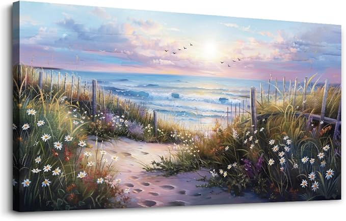 hyidecorart Blue Ocean Artwork Pictures Canvas Wall Art For Living Room Wall Decor For Bedroom Flower Beach Scenery Wall Painting Framed for Office Hotel Wall Decor Modern Posters Home Decorations