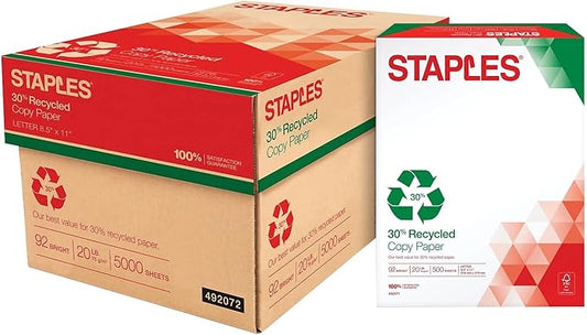 Staples 30% Recycled Copy Paper, 8 1/2" x 11", Case, For Office, School & Home
