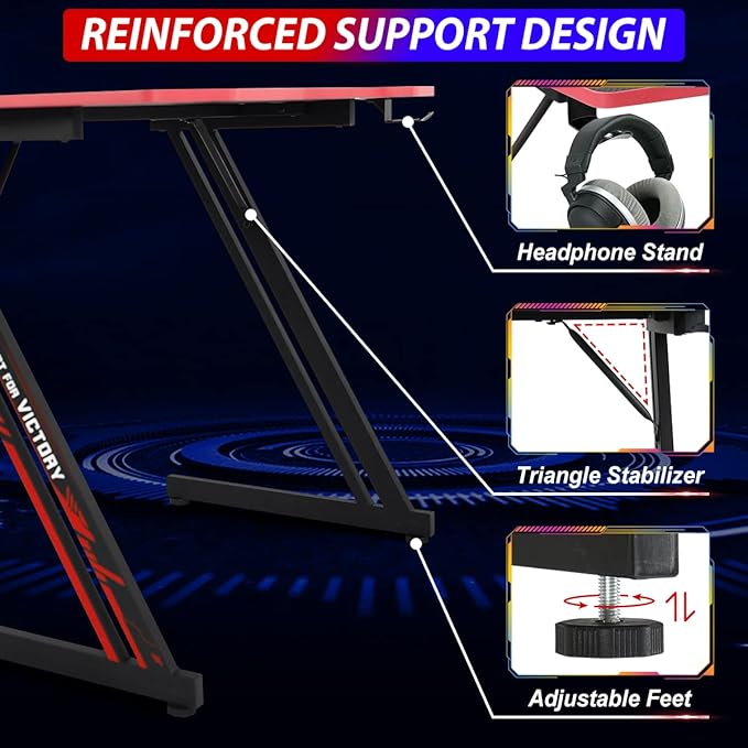 Gaming Desk 47 Inch Z-Shaped Computer Desk Modern Ergonomic PC Computer Table Home Office Desk Racing Style Gaming Workstation with Headphone Hook, Red
