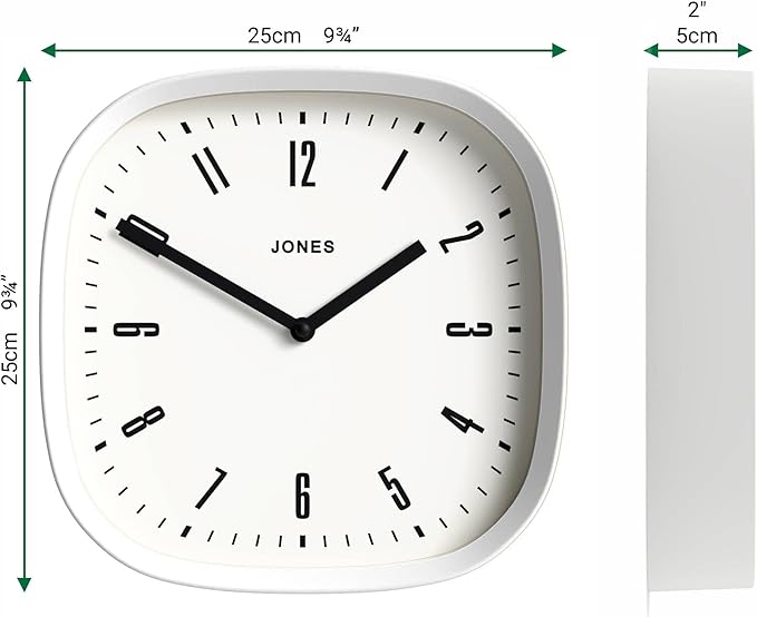 JONES CLOCKS® Marvel Wall Clock | Modern Retro Rounded Square Clock | 10 inch | White | Cool Designer Look for Kitchen, Living Room or Office