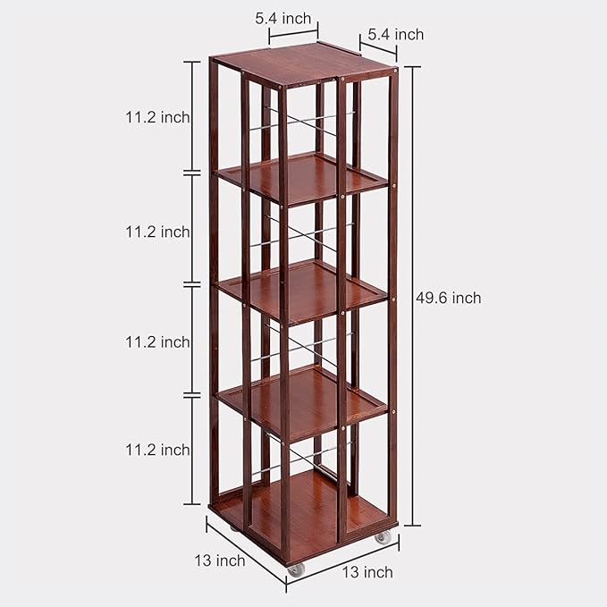 COPREE 5 Tier Rolling Bookcase, Bamboo 360 Rotating Bookshelf, Freestanding Storage Organizer Holder Book Rack with Wheels for Bedroom, Living Room Home and Office