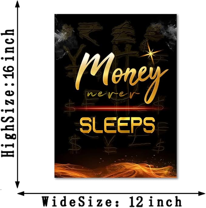 Inspirational Wall Art Money Never Sleeps Motivational Posters Wall Decor Black Golden Canvas Prints Artwork for Office Living Room Decoration Ready to Hang-12x16 inch