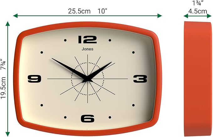 JONES CLOCKS® Movie wall Clock | Retro Rectangular Clock | 10 inch | Orange | Cool mid-Century Designer Look for Kitchen, Living Room or Office