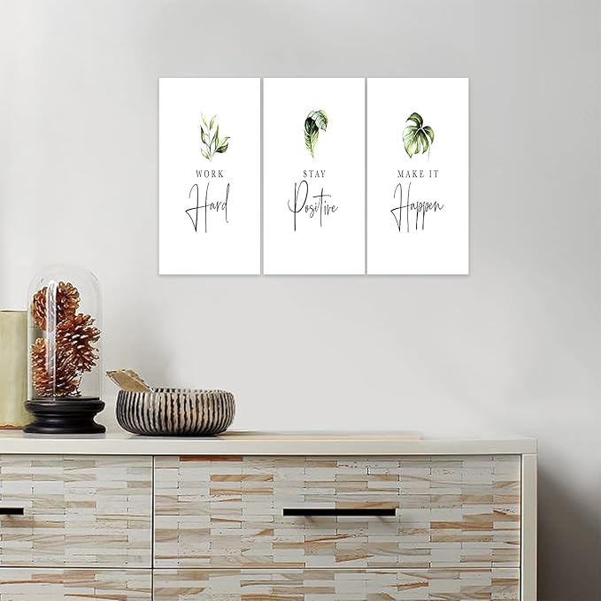 3 Piece Inspirational Wall Art, White Plants Sayings Picture, Quotes "Work Stay Make it" Canvas Prints for Office Decor, Triptych Entrepreneur Framed Artwork for Women Men Home Wall Decor (36"Wx24" H)