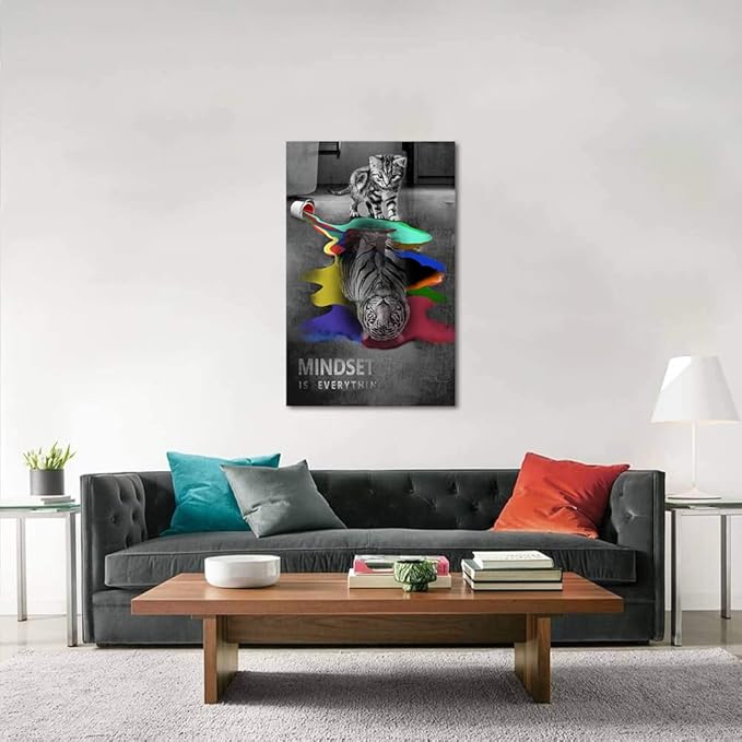 Framed Wall Decor Cute Animals Cat and Tiger Pictures with Inspirational Quotes Mindset Is Everything Motivational Posters Artwork Contemporary Home Decor Large Panel Ready to Hang-28 Wx44 H