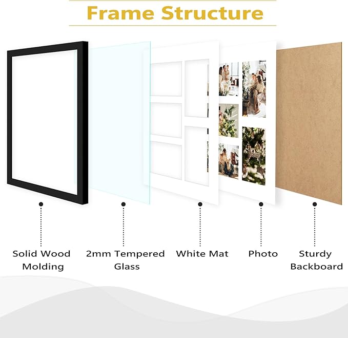 Golden State Art, 11x14 Black Wooden Frame with White Mat - Displays Five 4x6 Photos - Real Glass, Sawtooth Hangers, Flexible Metal Tabs - Wall Mounting, Landscape, Portrait