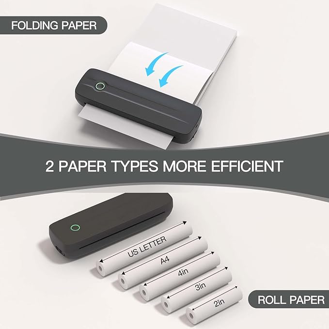 Portable Thermal Printer, Wireless Bluetooth Printer Support US Letter/A4/A5/4in/3in/2in Thermal Paper, Inkless Printer Compatible with iOS, Android & Laptop for Travel, Office, School, Vehicle