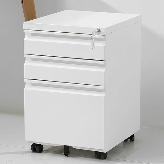 3-Drawer Mobile File Cabinets Rolling Metal Filing Cabinet for Legal & Letter File Anti-tilt Design with Lock Under Desk Office Drawers Fully Assembled Except Casters Elegant White