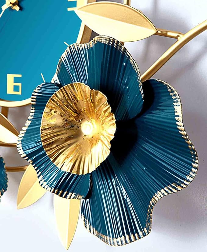 Wall Clock Large Decorative Hanging Wall Clocks,36.6 * 18.7in Wrought Iron Silent Non Ticking Ginkgo Leaf Wall Quartz Clock for Living Room Office Cafe Hotel,White Clock (Blue A)