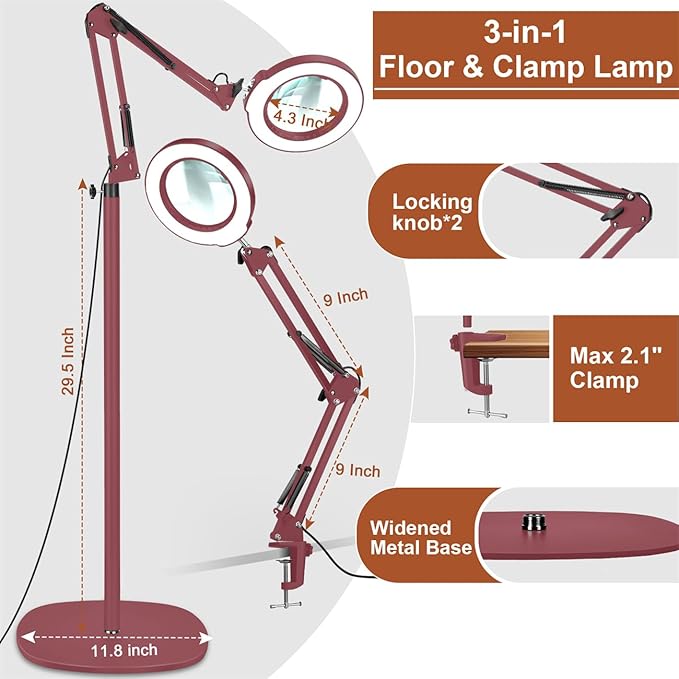 LANCOSC 10X Magnifying Glass with Light and Stand, 3-in-1 Adjustable Swing Floor Lamp, 5 Color Modes Stepless Dimmable, LED Lighted Hands Free Magnifier & Clamp for Reading, Crafts, Painting - Red