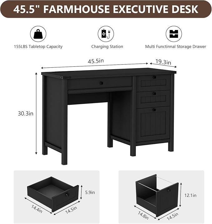 Farmhouse Executive Desk 45 inch Computer Desk with 4 Drawers, Smart Charging Station, Home Office & Study Room Essential for Remote Workers, Professionals & Students.Black