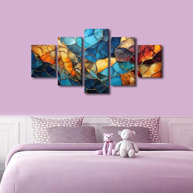 Canvas Wall Art Decor Modern Living Room Wall Art Abstract Autumn and Winter Painting Art 5 Panel Colorful Glass Poster for Men Lady Living Room Home Wall Decor Stretched Ready to Hang 60x32 in