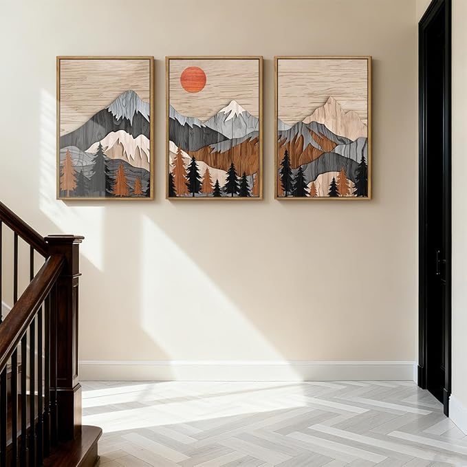 ANHUIB Mountain Wall Art 16x24 Inch Large Forest Wall Decor Woodcut Pine Tree Illustration Nature Wilderness Art Print Abstract Landscape Painting Set of 3 for Living Room Bedroom Office