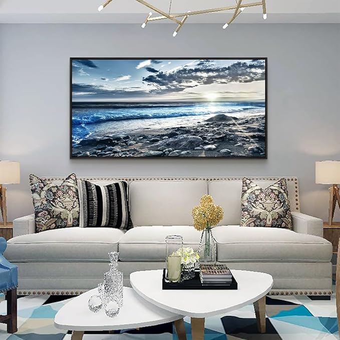 Black Framed Canvas Wall Art - Large Size, Modern Office & Bedroom Decor - Blue Beach Ocean Seascape Prints - 30"X60"