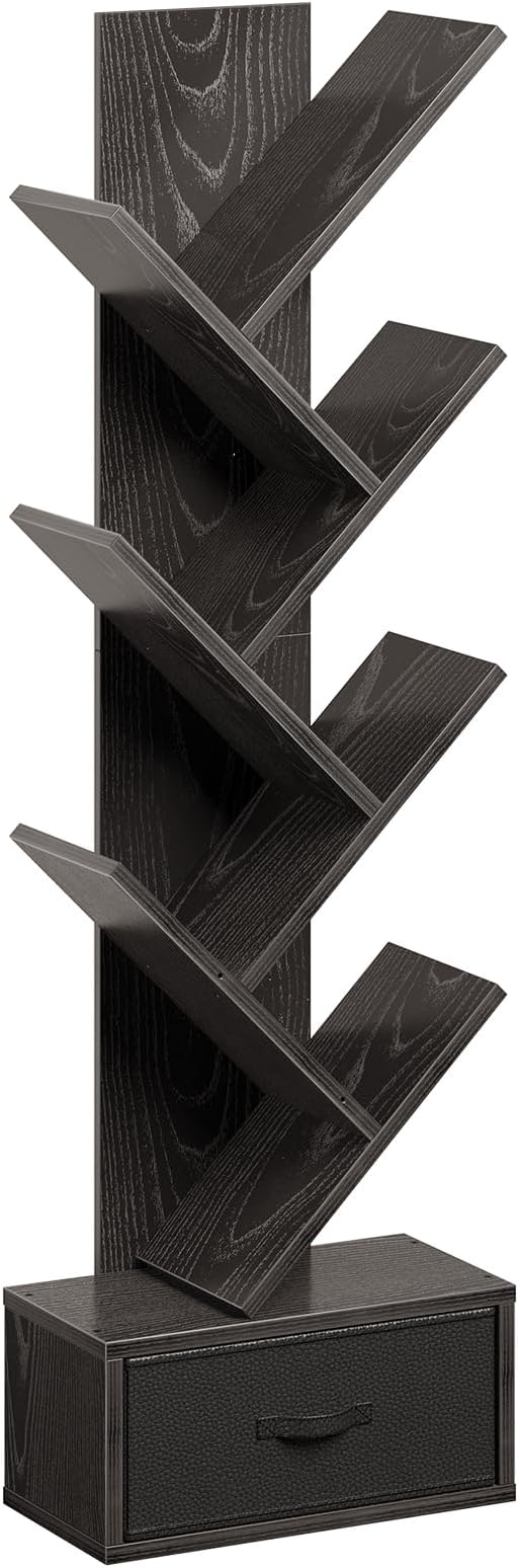 Rolanstar 7 Tier Bookshelf with Drawer, Tree Bookshelf, Small Bookshelves with Storage Rack for CDs/Movies/Books, Standing Book Shelf, Tall Narrow Bookcase for Living Room, Bedroom, Black