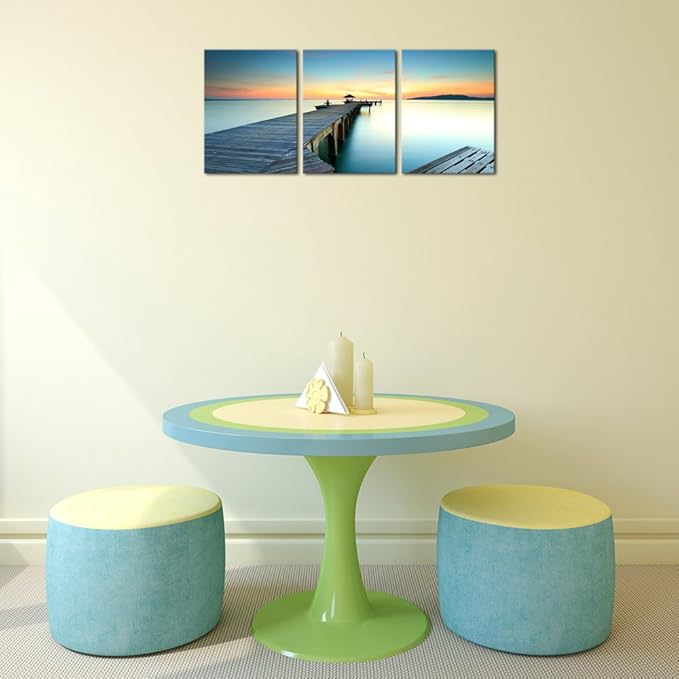 Wieco Art 3 Piece Seascape Canvas Prints Wall Art Sunset Ocean Beach Pictures Paintings for Kitchen Bedroom Home Wall Decorations Bridges over the Sea Modern Stretched and Framed Giclee Artwork