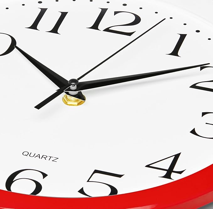 Bernhard Products Red Wall Clock Silent Non Ticking - 12 Inch Quality Quartz Battery Operated Round Easy to Read