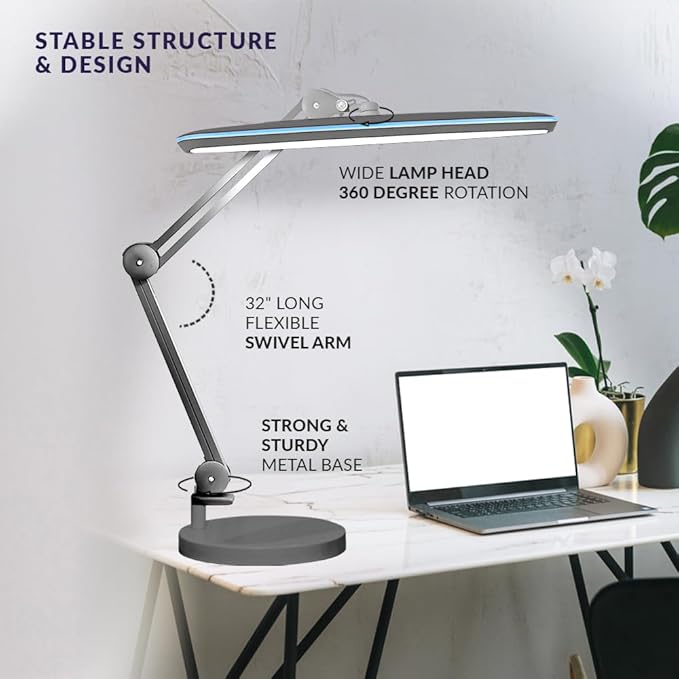 Neatfi XL 24W LED Desk Lamp with Base – 2,200 Lumens | 23” Wide Shade | Dimmable Eye-Caring Task Light | Adjustable Arm | Office, Study, Crafting & Nail Techs (Silver, Non-CCT with Base)