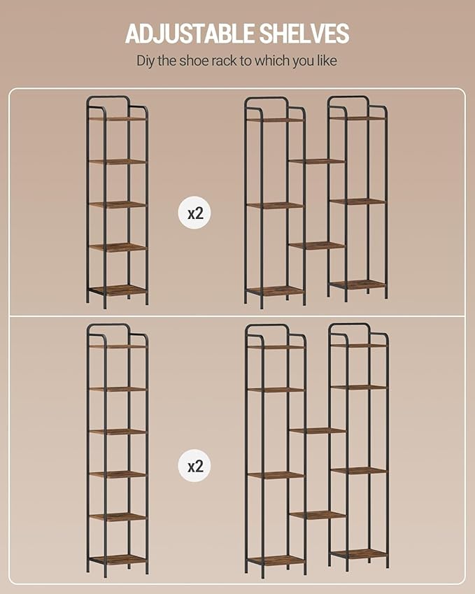Bookcase Bookshelf, Narrow Book Shelf, Industrial Corner Shelf Storage Organizer, Slim Shelving Unit for Home Office, Living Room, Bedroom, Kitchen, 6-Tier Rustic Brown and Black BC24601B