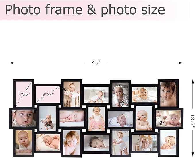 HELLO LAURA Picture Frames Collage Wall Decor - 21 Picture Collage Frames for 4x6 Photos Display Wall Hanging Gallery Frame Set Photo Collage Frame for Home Living Room - Black