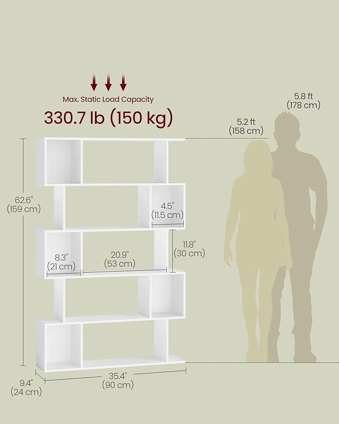 VASAGLE Bookshelf, 5-Tier Bookcase, 9.4 x 35.4 x 62.6 Inches, Storage Shelf with Open Compartments, Modern Style, for Living Room, Bedroom, Office, Matte White ULBC416W01