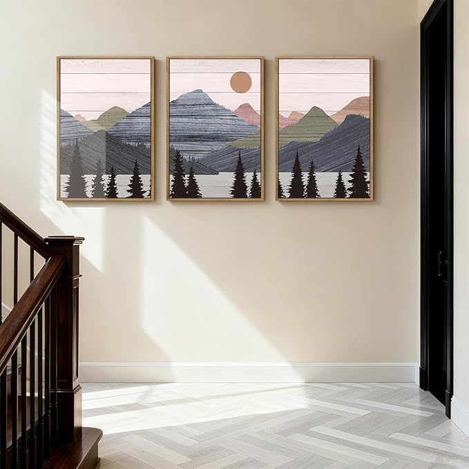 ANHUIB Mountain Framed Wall Art 16x24 Inch Large Nature Wilderness Art Print Abstract Landscape Painting Set of 3 for Living Room Bedroom Office
