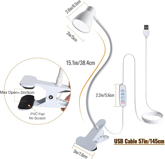Clamp Desk Lamp, Clip on Reading Light, 3000K-6500K Adjustable Color Temperature, Multiple Illumination Modes, CRI>90, 6Watts (Adapter Included)