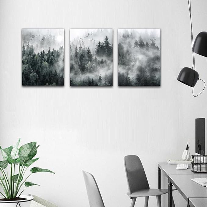 Lapremoly Framed Wall Art Living Room Canvas Wall Decor For Bedroom Office Decoration Foggy Forest Trees Scenery Wall Painting Landscape Wall Art Prints Ready To Hang Home Decor 16" X 24" 3 Piece