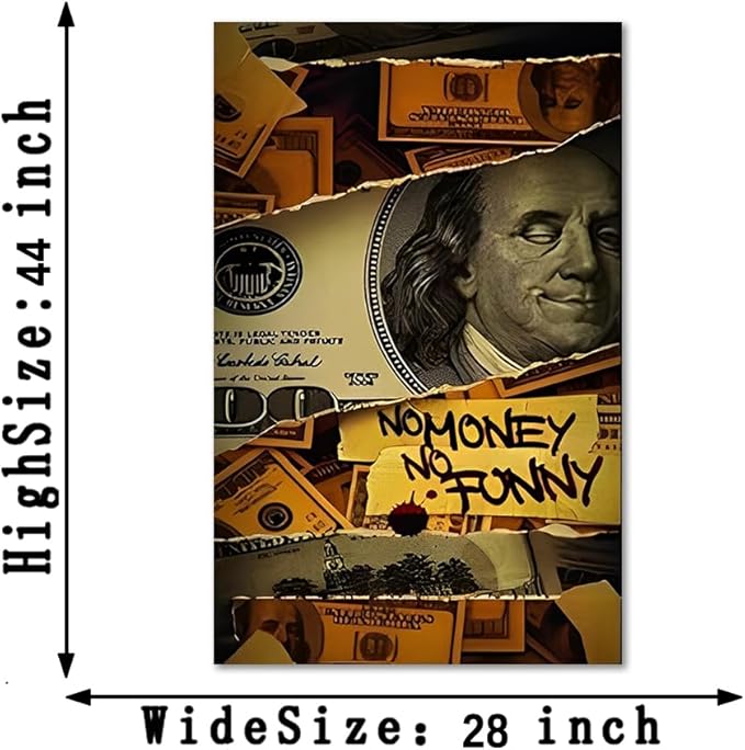 Canvas Trend Large Size Money Wall Art No Money No Funny Wall Art Vintage Home Wall Paintings Franklin Dollar Bill Artwork Gift for Friends Lovers Framed Ready to Hang-28x44 inch