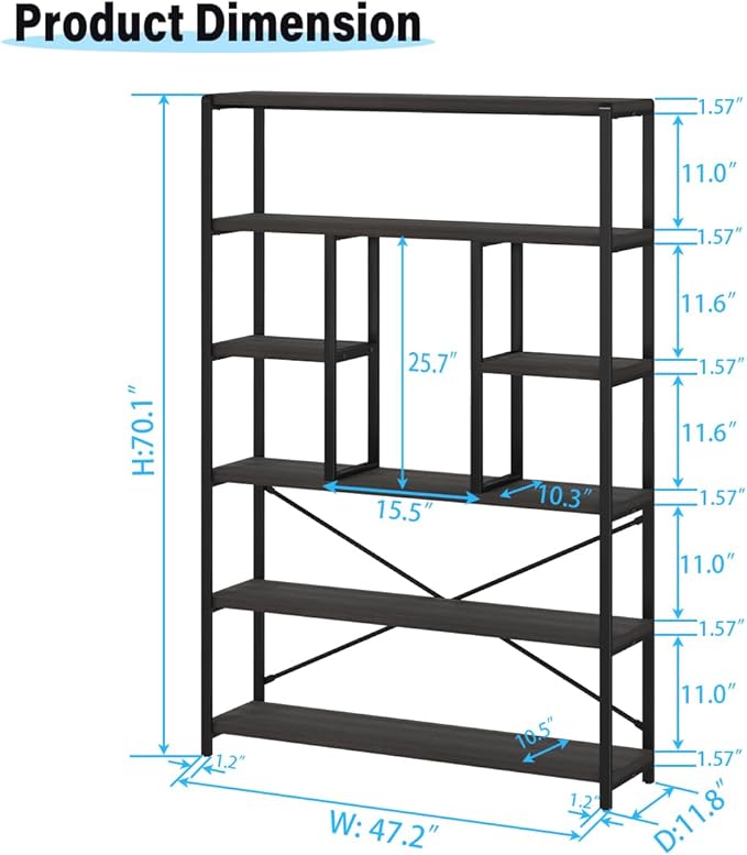 LVB Industrial Tall Bookshelf, Modern Wood Metal 6 Tier Book Shelf, Farmhouse Large 6 Shelf Etagere Bookcase, Open Wide Storage Bookshelves and Bookcases for Bedroom Living Room Office, Dark Gray Oak